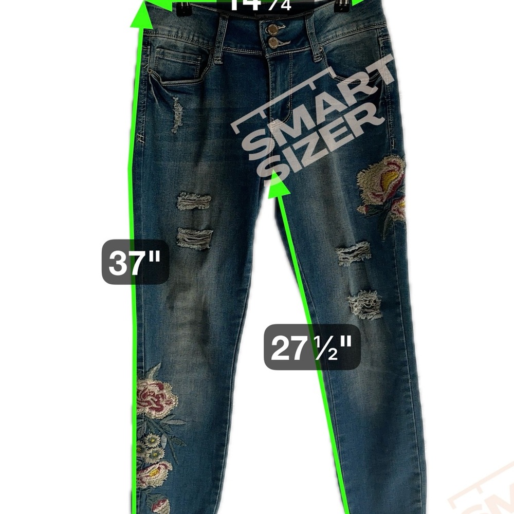YMI Distressed Blue Jeans with Floral Embroidery,Distressed,Boho Style - Picture 10 of 12